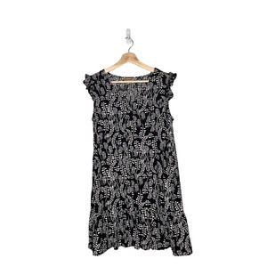 Chances R Dress Black White Print Ruffled Trim Shoulder Hem V Neck Pullover
